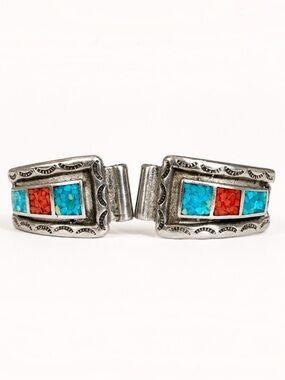 Vintage Navajo Turquoise Coral Inlay Nickel Silver Watch Tips l Sharp Watch Pins